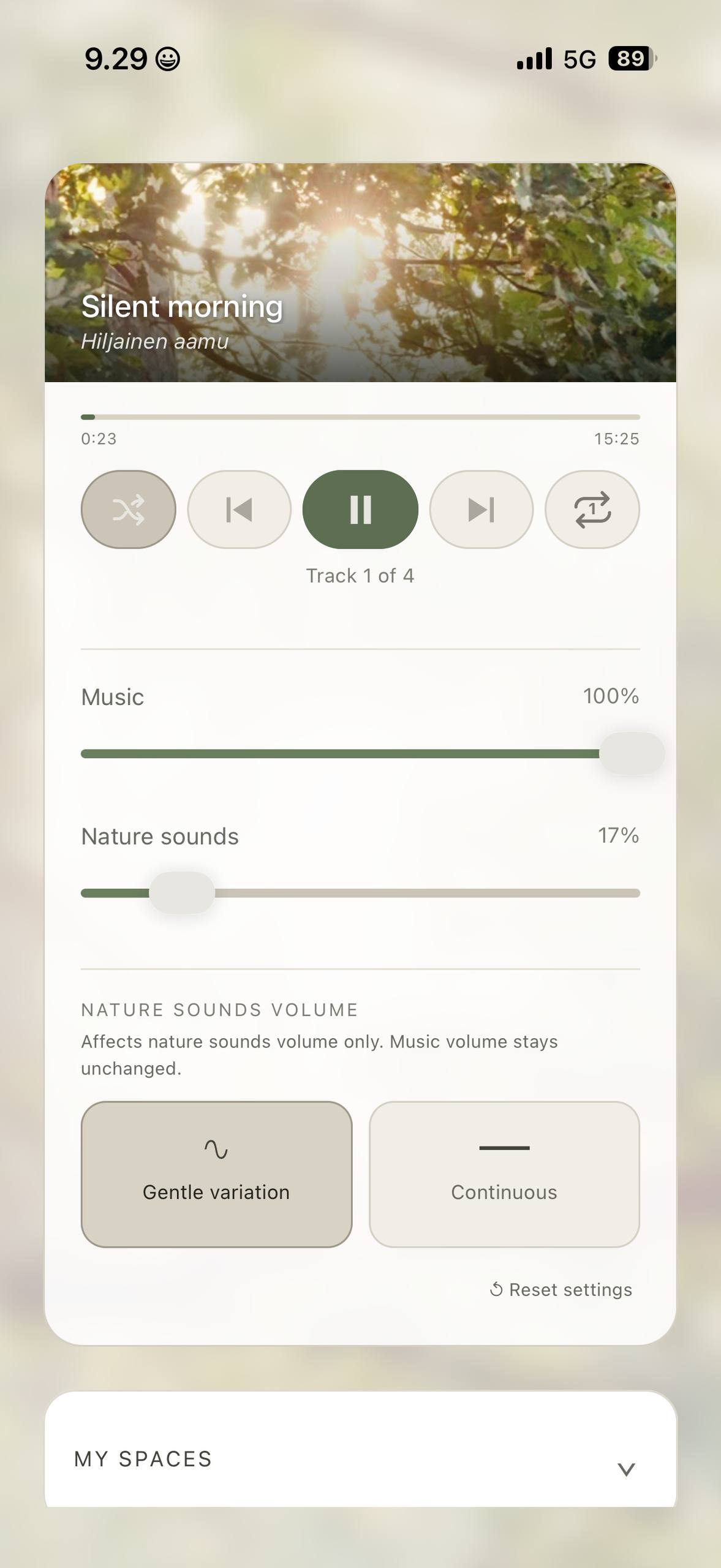 Humina music and nature sound controls