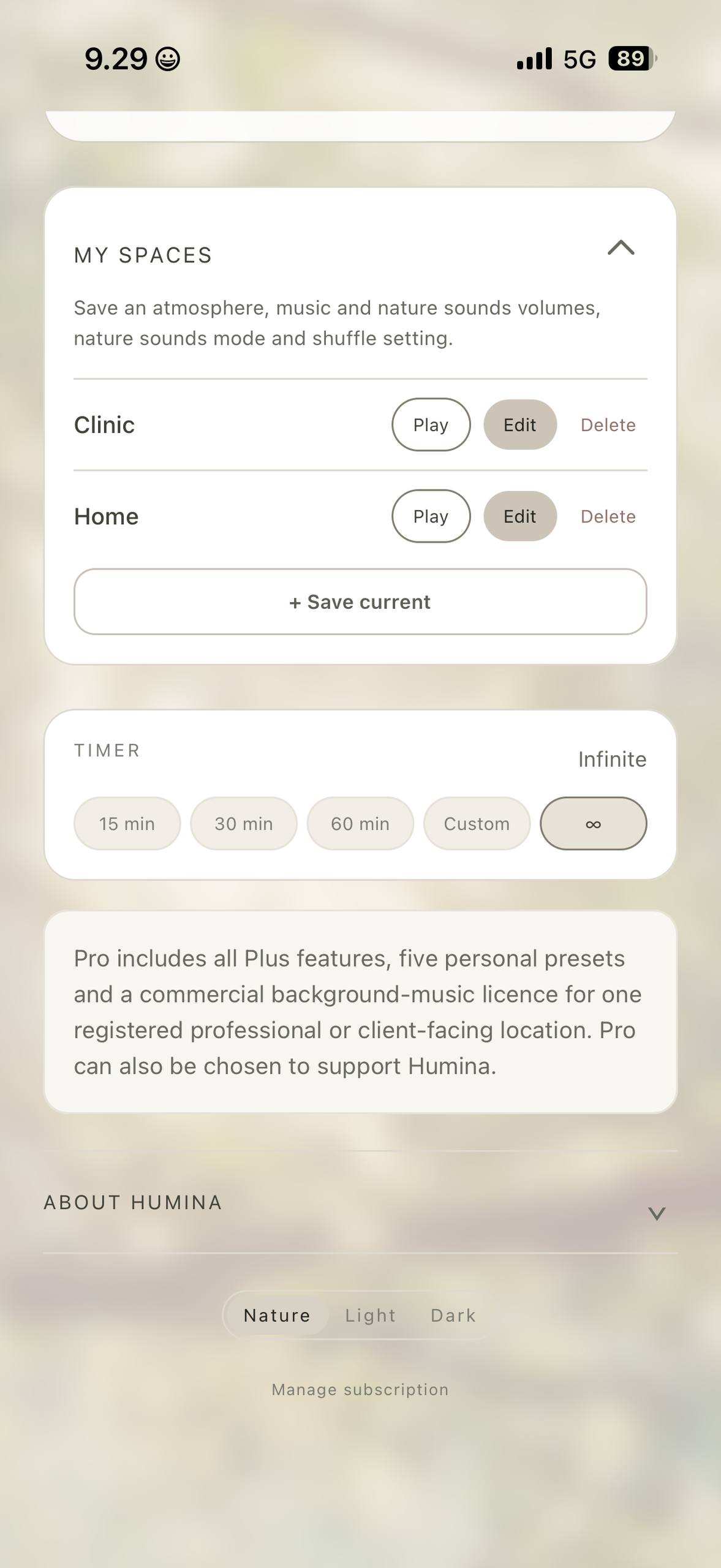Humina saved spaces and listening timer